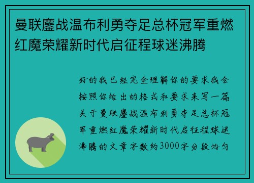 曼联鏖战温布利勇夺足总杯冠军重燃红魔荣耀新时代启征程球迷沸腾