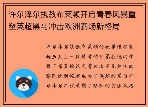 许尔泽尔执教布莱顿开启青春风暴重塑英超黑马冲击欧洲赛场新格局